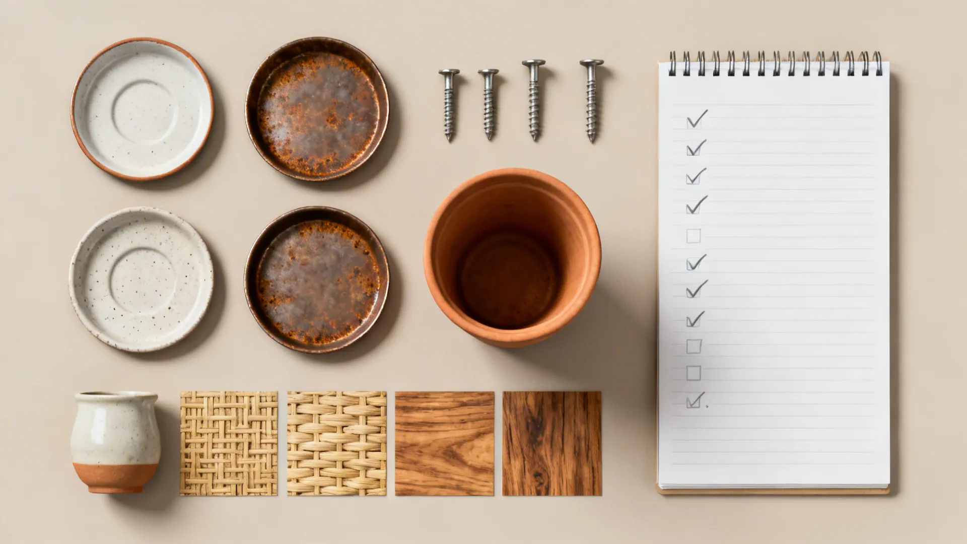 Flatlay of plant stand accessories: drip trays, anchors, pot texture samples and checklist.
