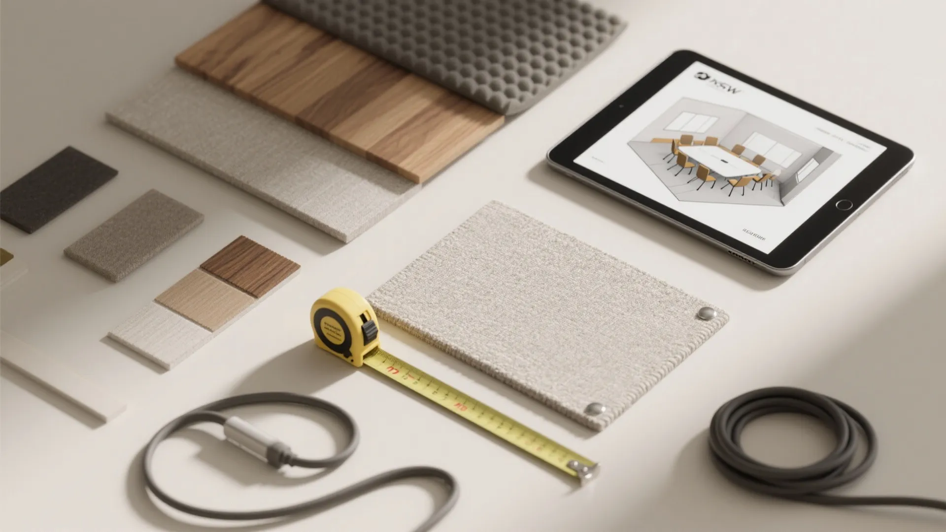 Desk with wood samples fabric pieces measuring tape and tablet showing a meeting room design