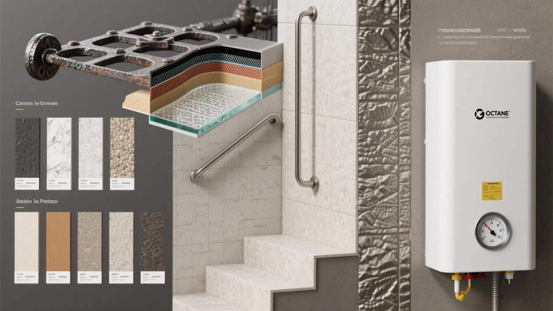 Collage of tub material swatches, insulation detail, and accessibility features to answer common questions.
