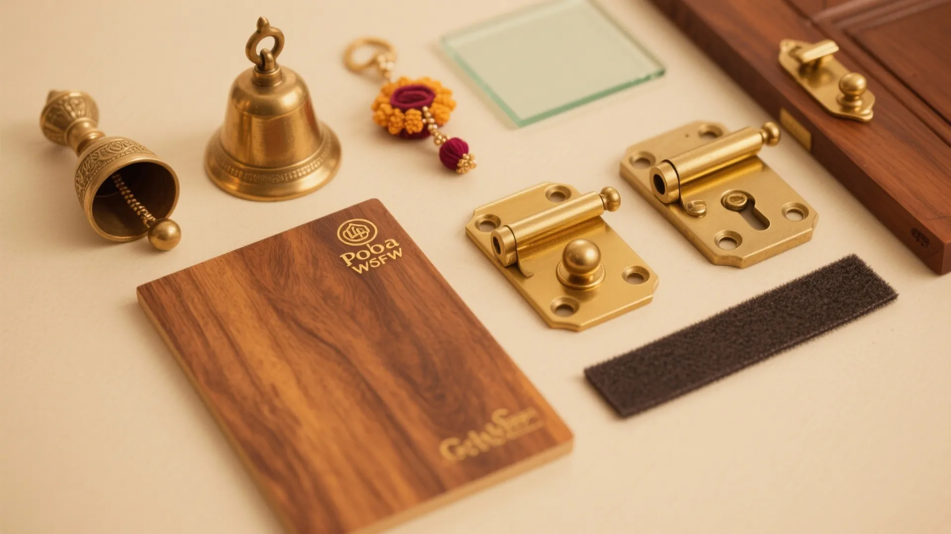 Collection of interior design materials including brass bells hinges wood samples and a small glass
