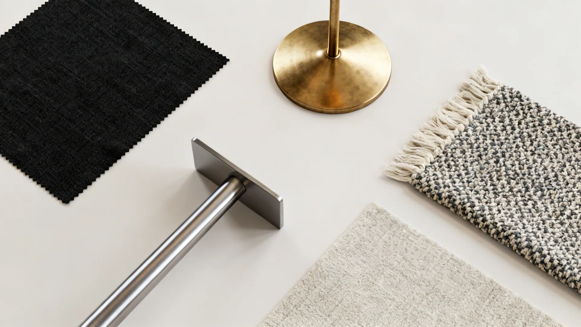 Material flatlay showing black fabric, brass and brushed steel samples with boucle fabric.