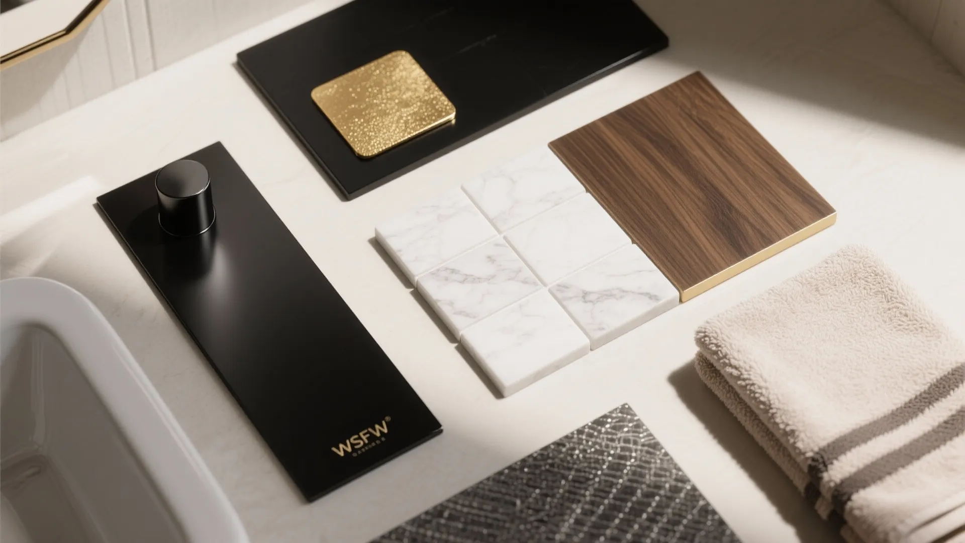 Modern bathroom materials with black panel gold accent white stone tiles wood samples and towel