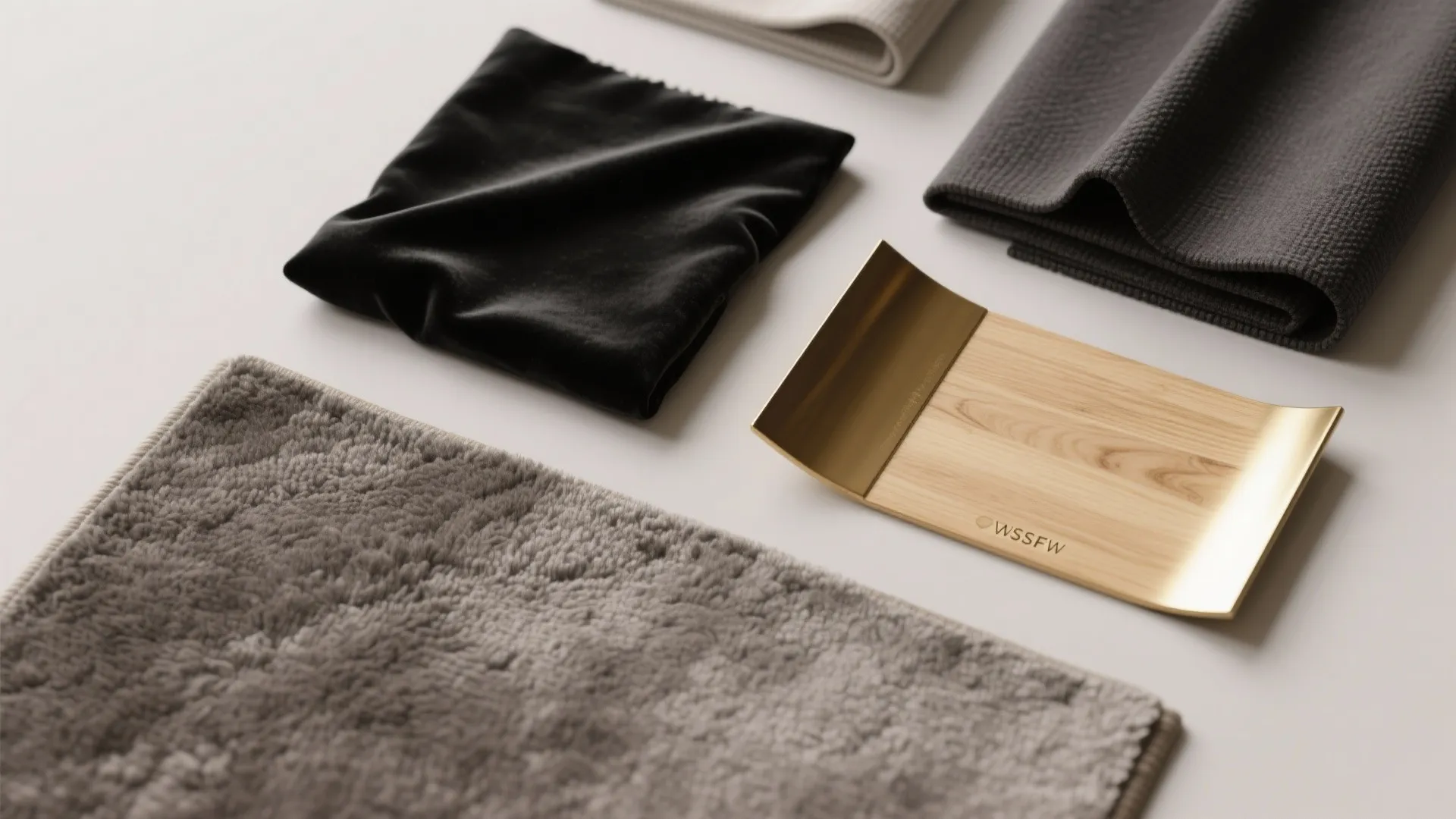 Flatlay of velvet, linen, rug and brushed gold samples for a black and gold bedroom palette