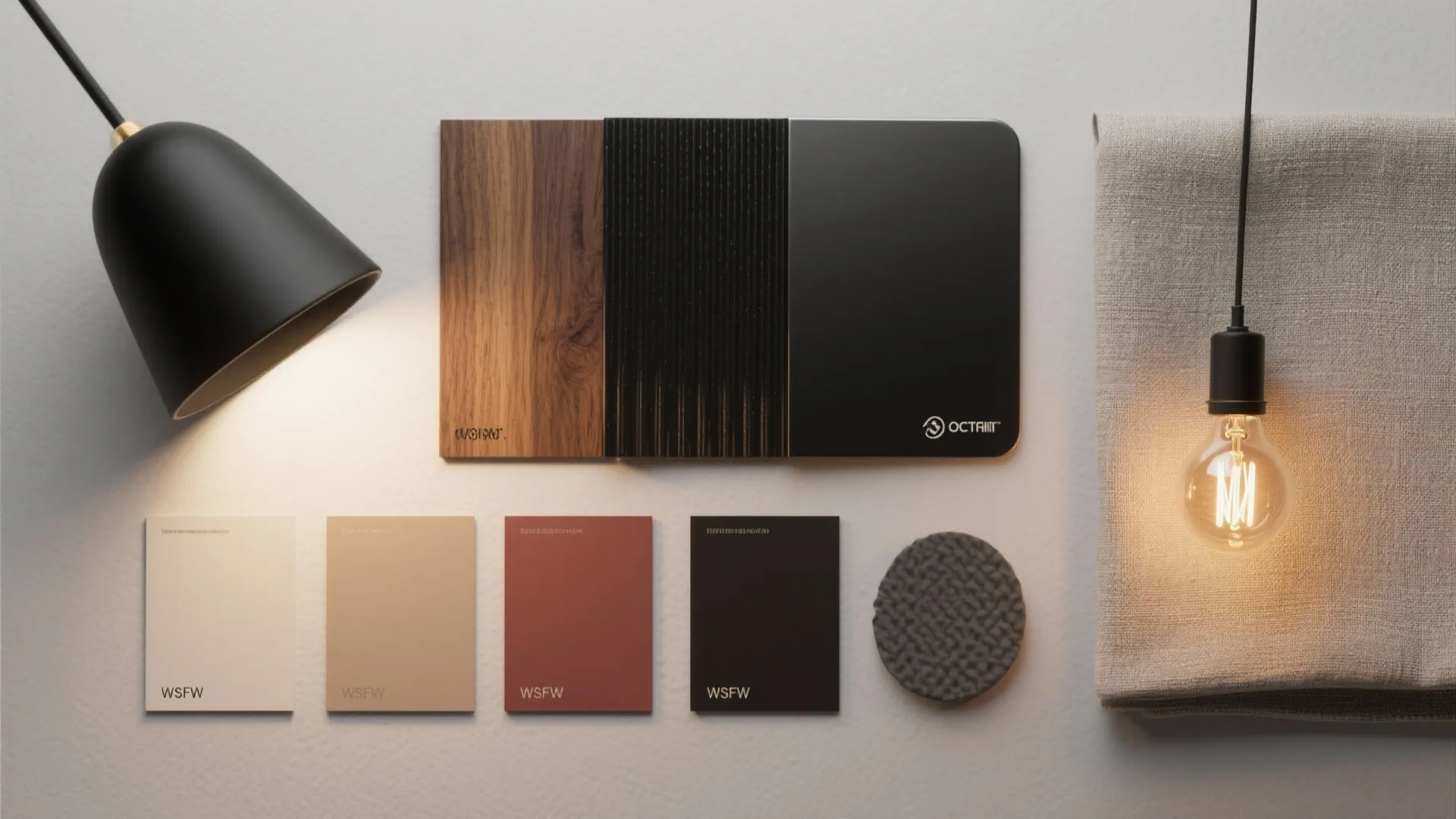 Flatlay of matte black fixtures, wood and textile samples and LED bulb to show pairing ideas for small rooms.