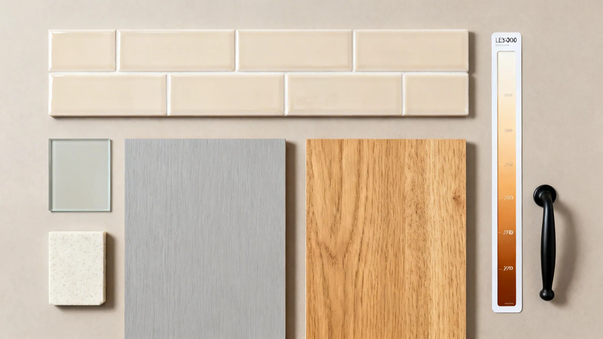 Flat lay of glossy tiles, satin glass, warm wood laminate, pale quartz, and matte hardware.