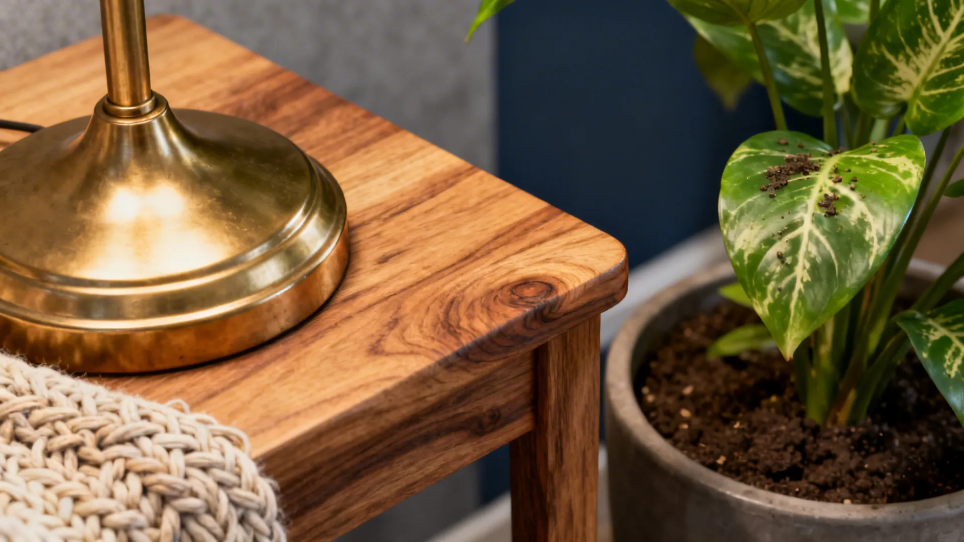 Close-up of brass fixture, oak table edge and woven throw to soften grey and navy tones.