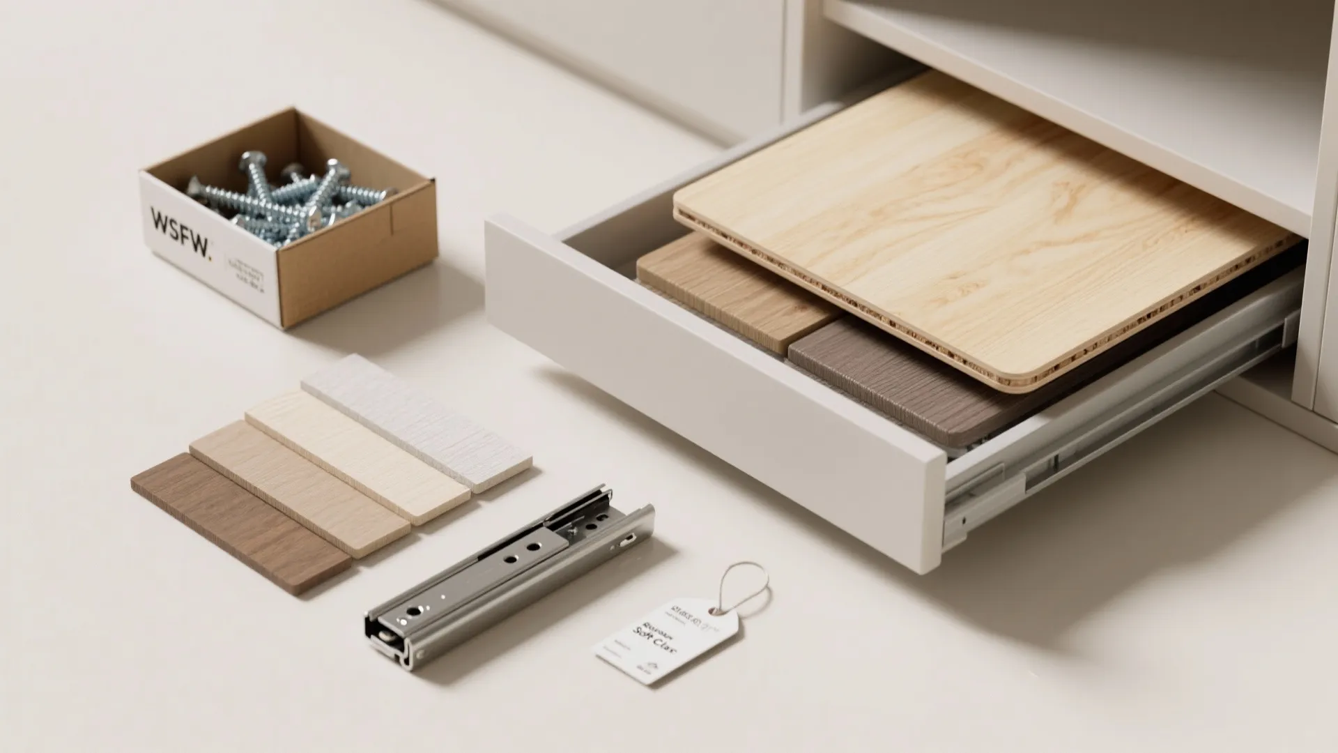 Collection of kitchen cabinet materials including wood samples screws metal drawer slides and wood panels