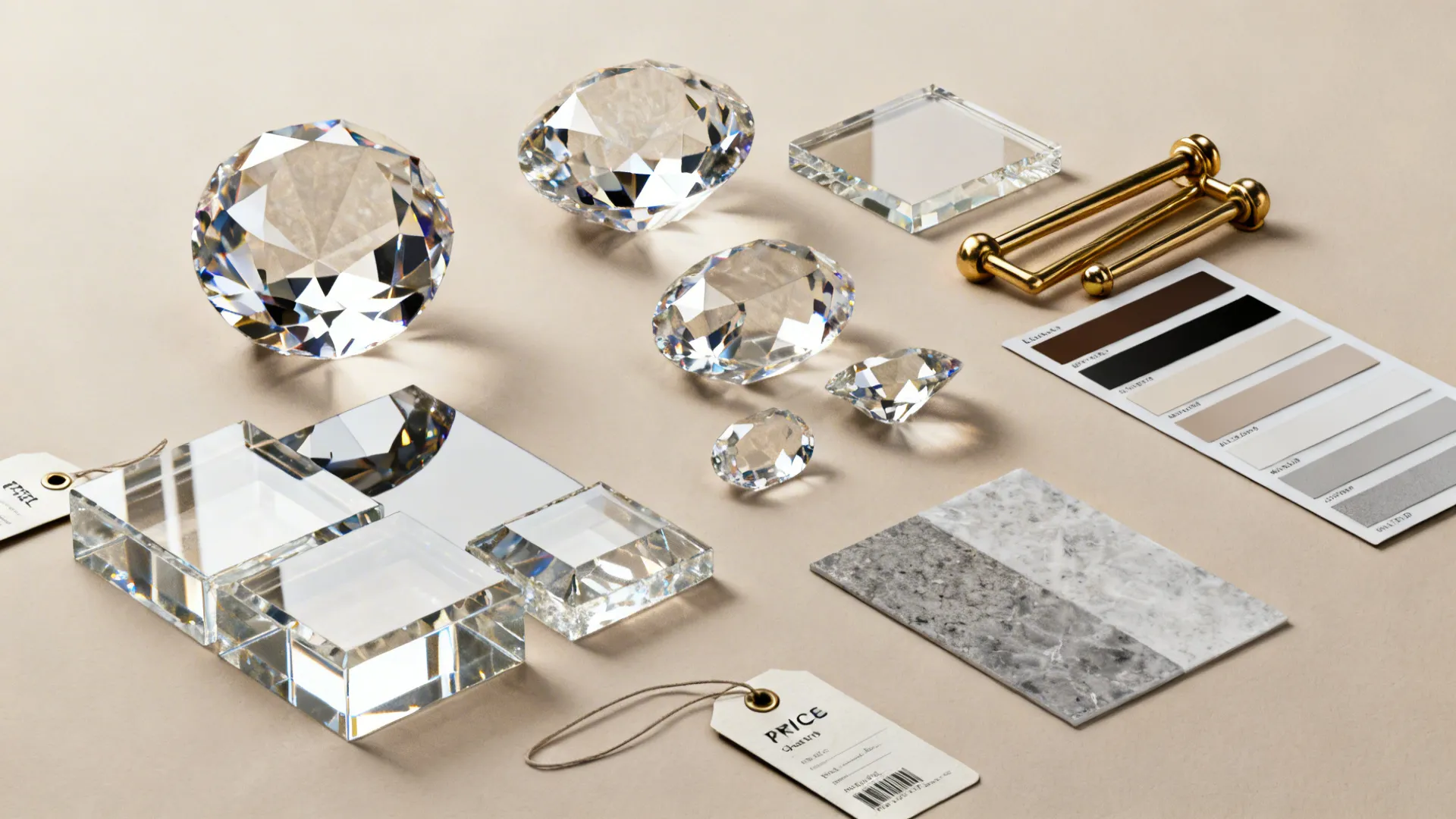 Material swatches of cut glass, lead crystal, acrylic alternative and brass hardware with price tags on a neutral surface.