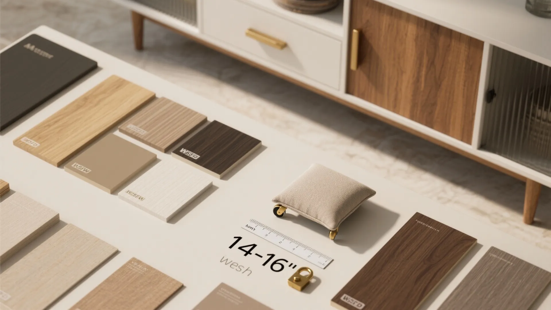 Various wood and fabric material samples displayed on a white table for interior design selection process
