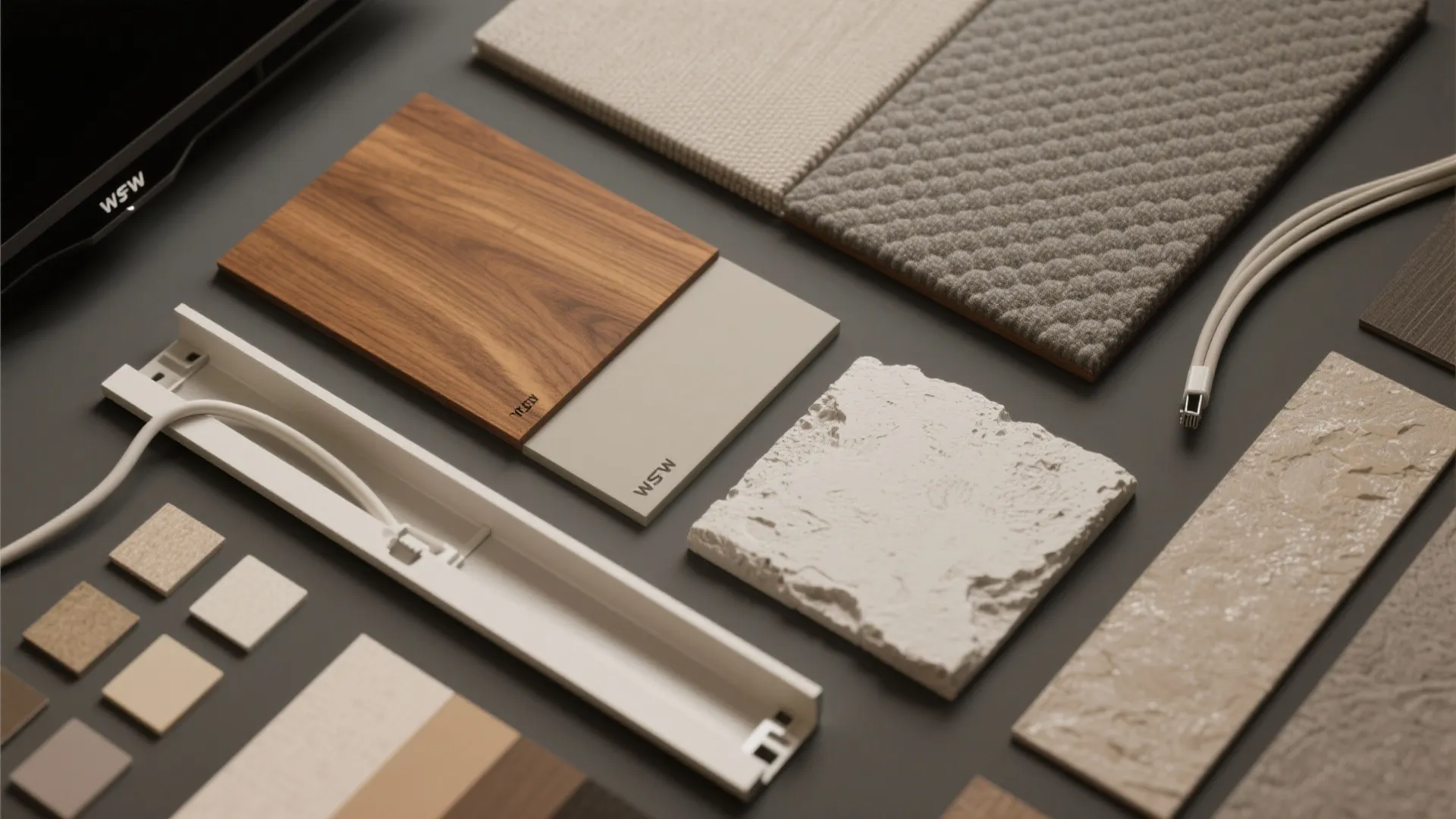 Interior design materials including wood samples, fabric swatches, stone tiles, and white plastic cable organizer