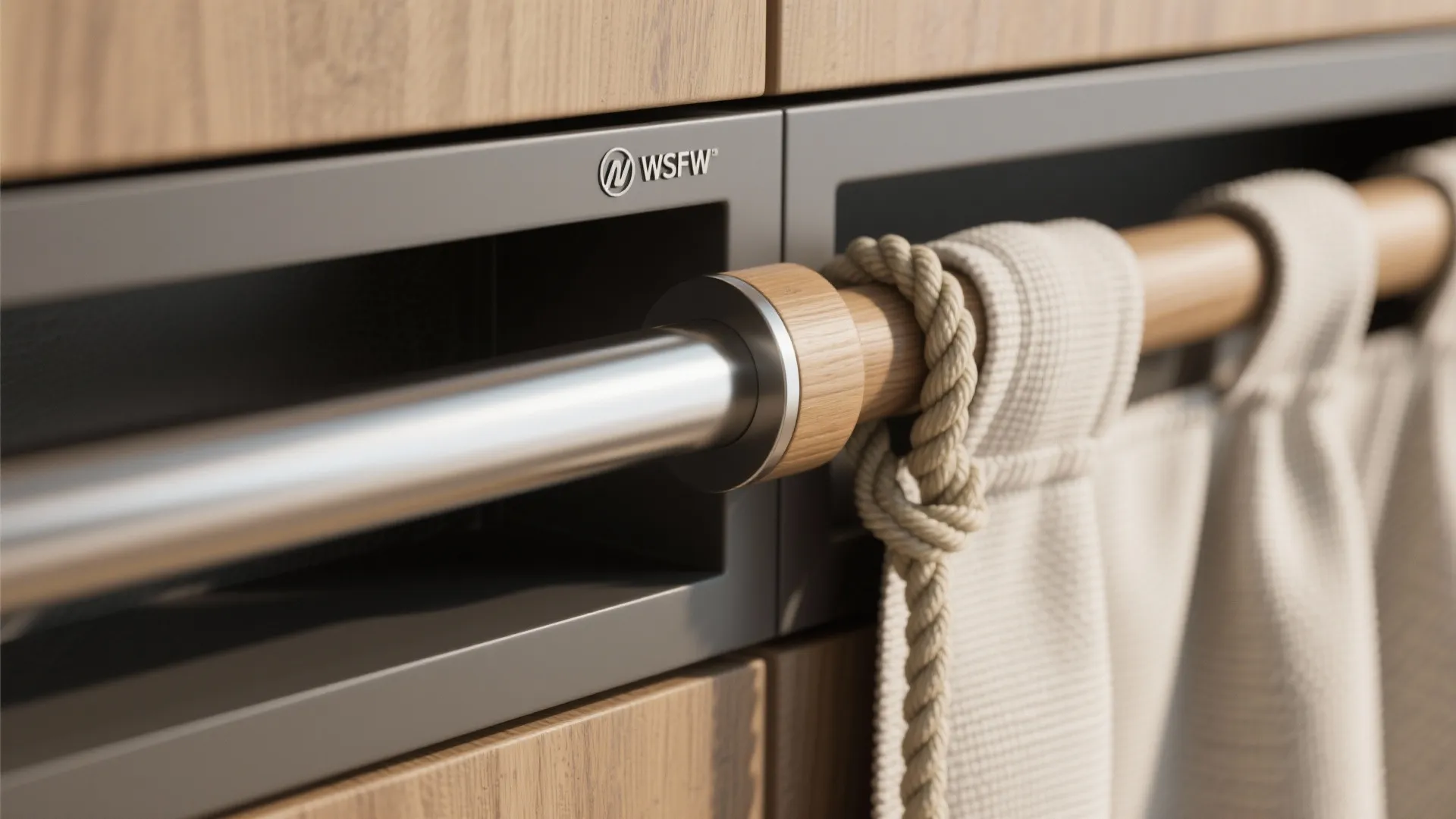 Close up of a wooden hanging rod with white fabric and rope detail in a cabinet