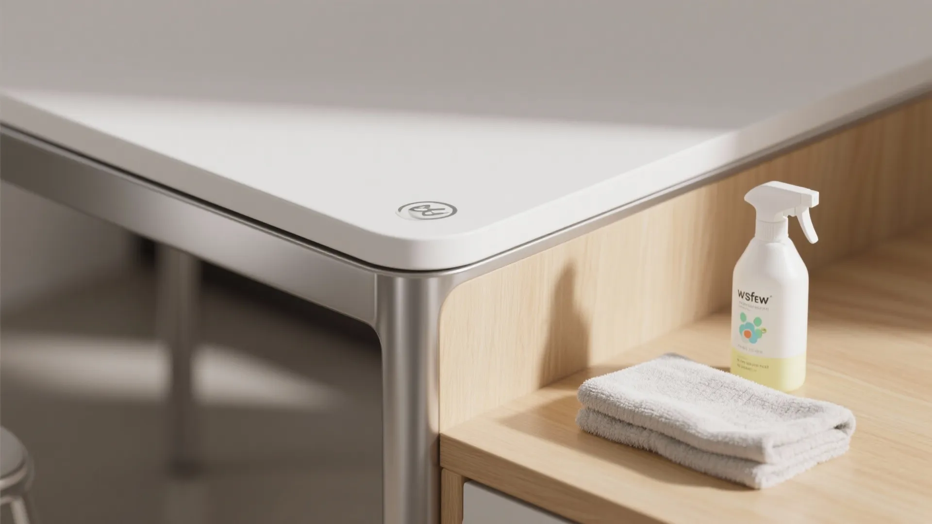 Close-up of family-friendly white table materials and cleaning items