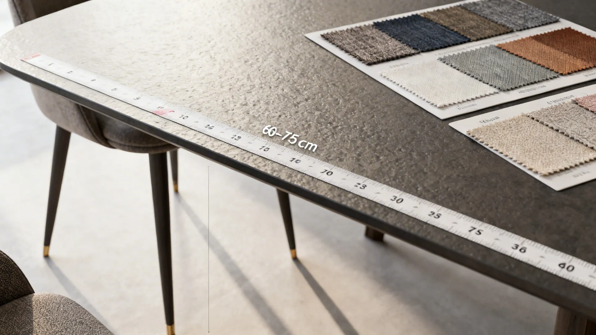 Measuring tape on grey table showing sixty to seventy five centimeters and fabric material samples