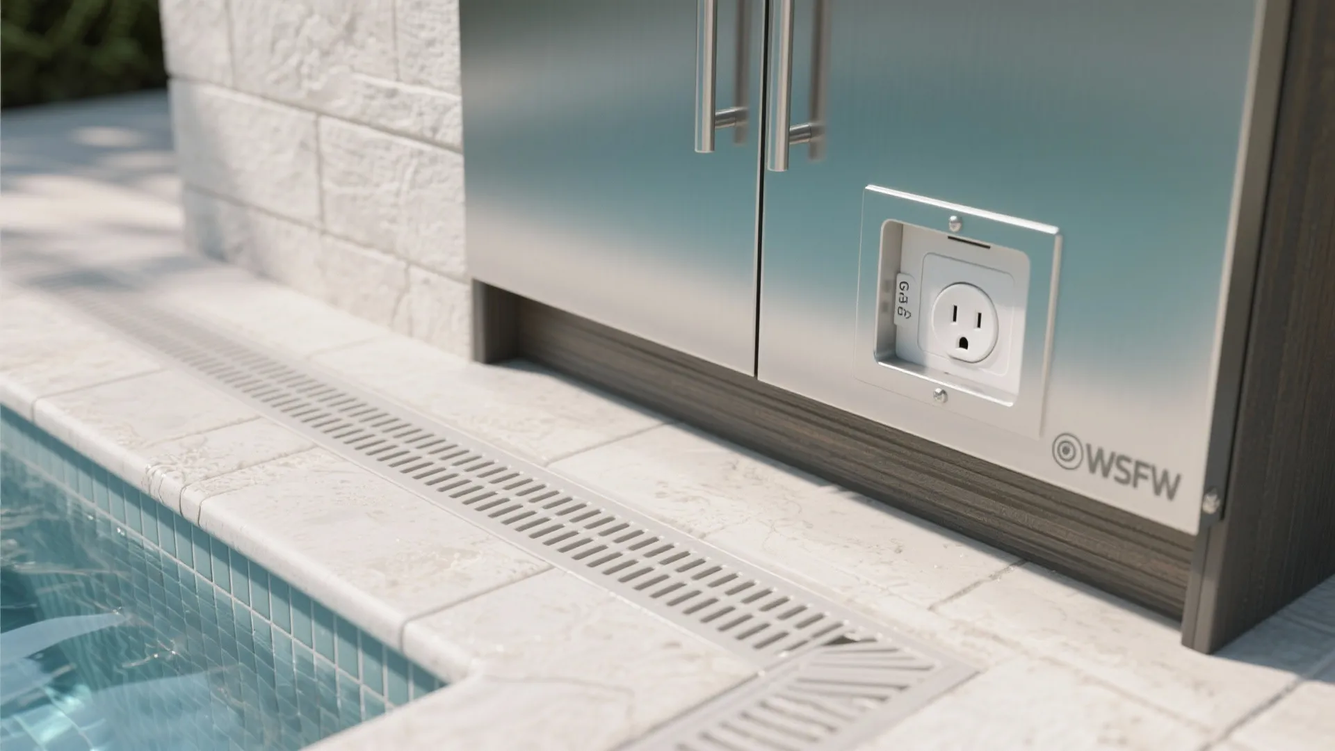 Close up of an outdoor electrical outlet on a metal cabinet next to a pool