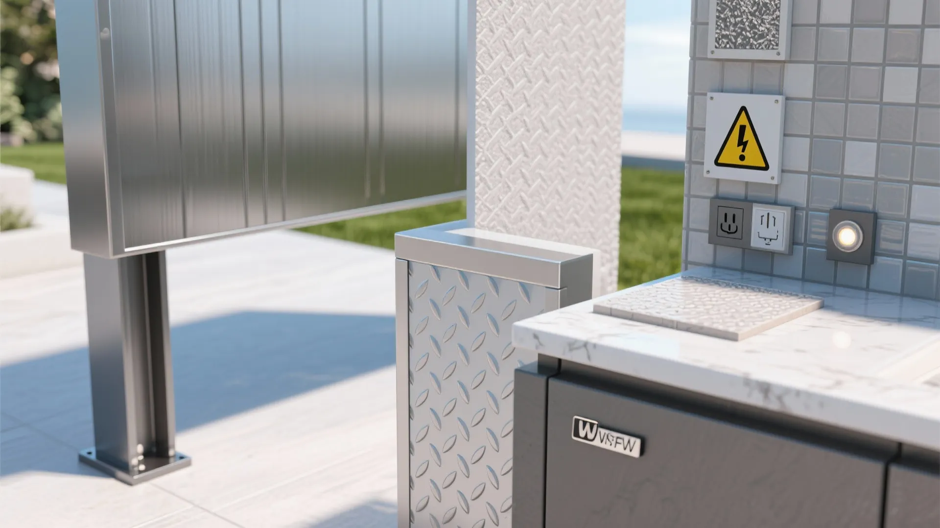 Collage of marine-grade stainless, powder-coated aluminum, porcelain countertop and non-slip tile swatches