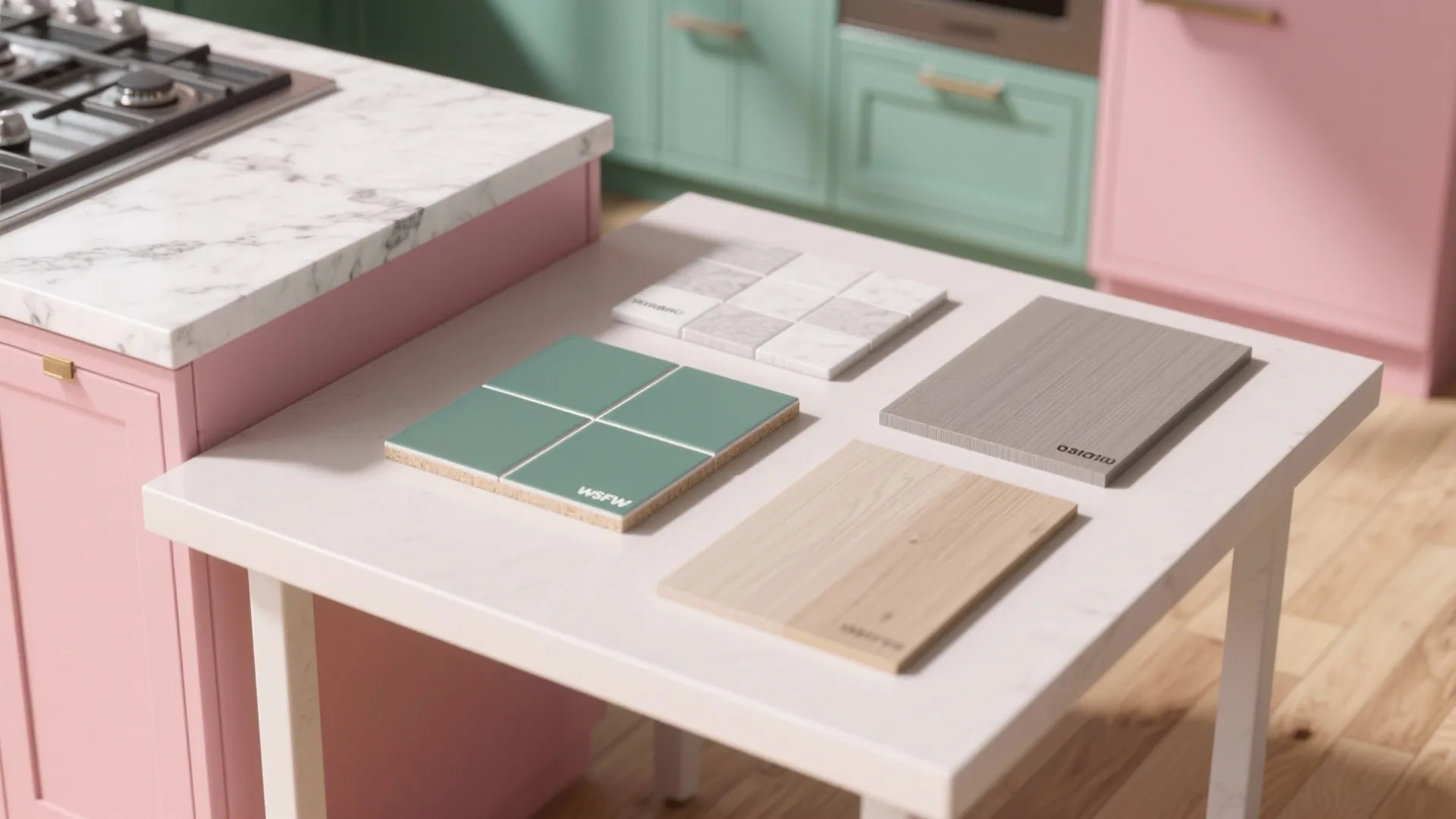 Collage of quartz, porcelain tile, laminate and wood samples suitable for pink-and-green kitchens