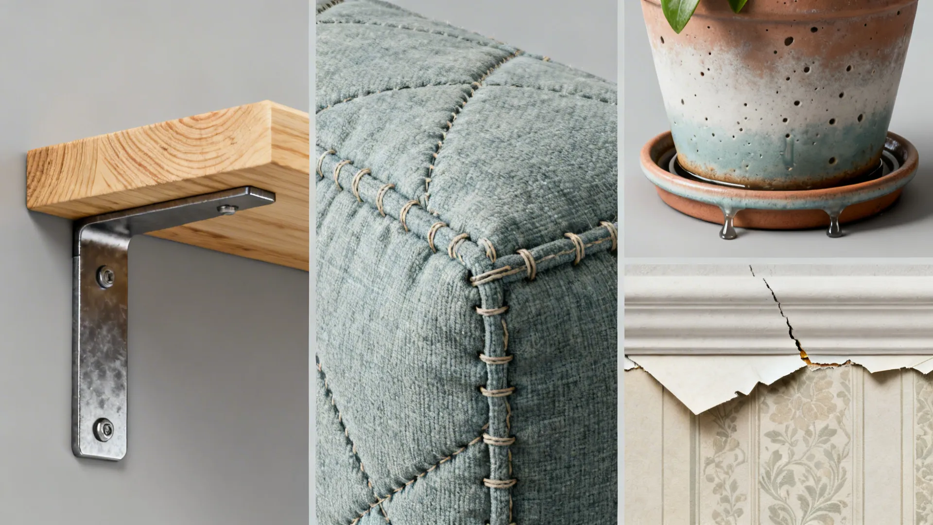 Close-up materials collage showing shelf edge, metal bracket, cushion fabric, pot and wallpaper sample.