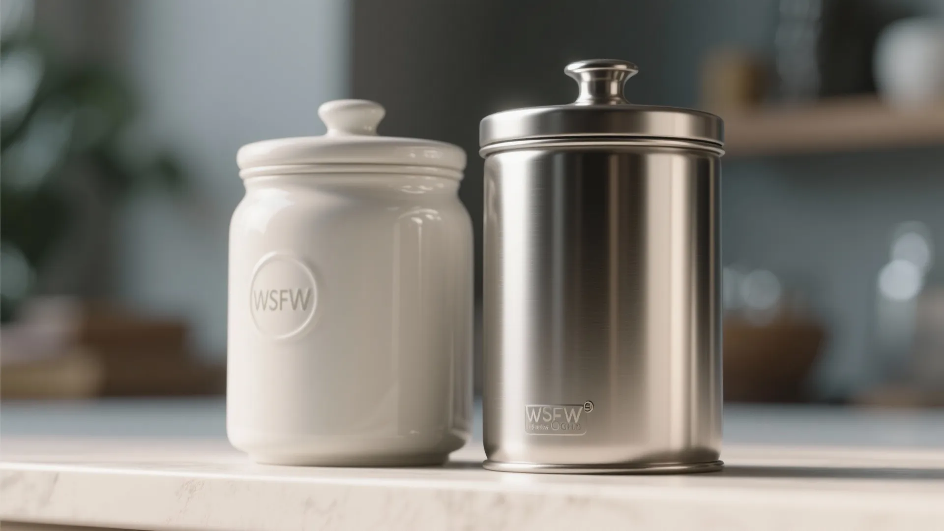 Comparison of a white ceramic kitchen jar next to a silver metal storage container bottle