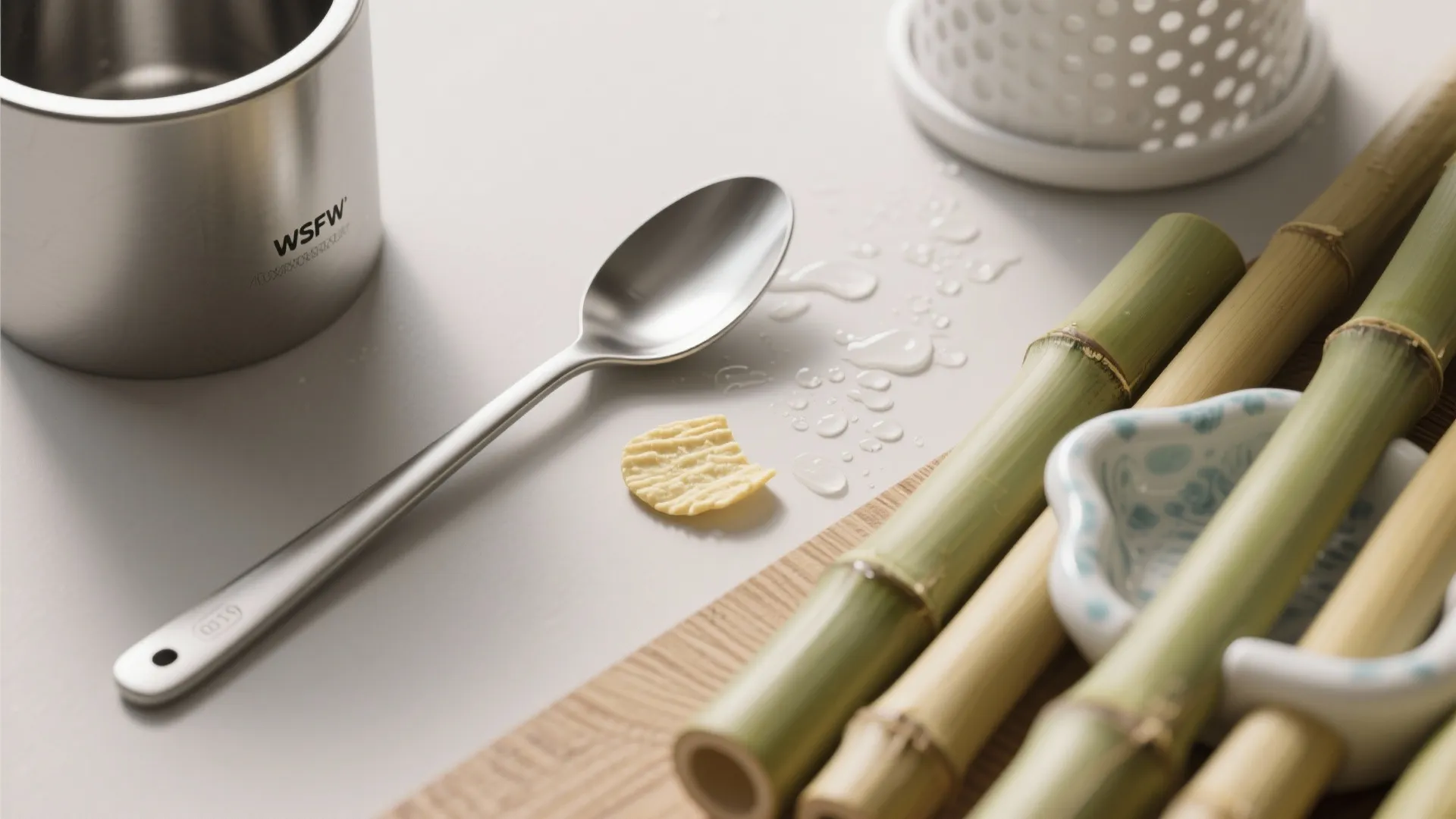 Close-up comparison of stainless steel, glazed ceramic, silicone and finished bamboo textures for hygiene FAQ