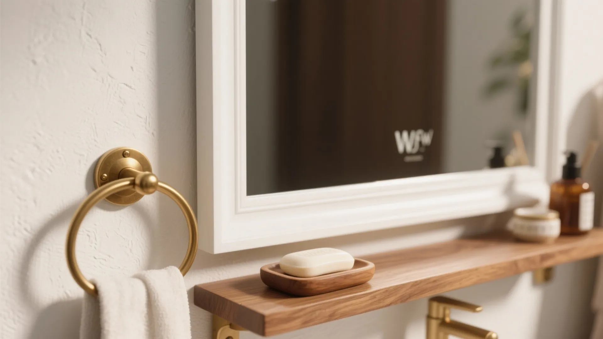 White frame mirror paired with brass hardware and an oak shelf to add warmth and contrast.
