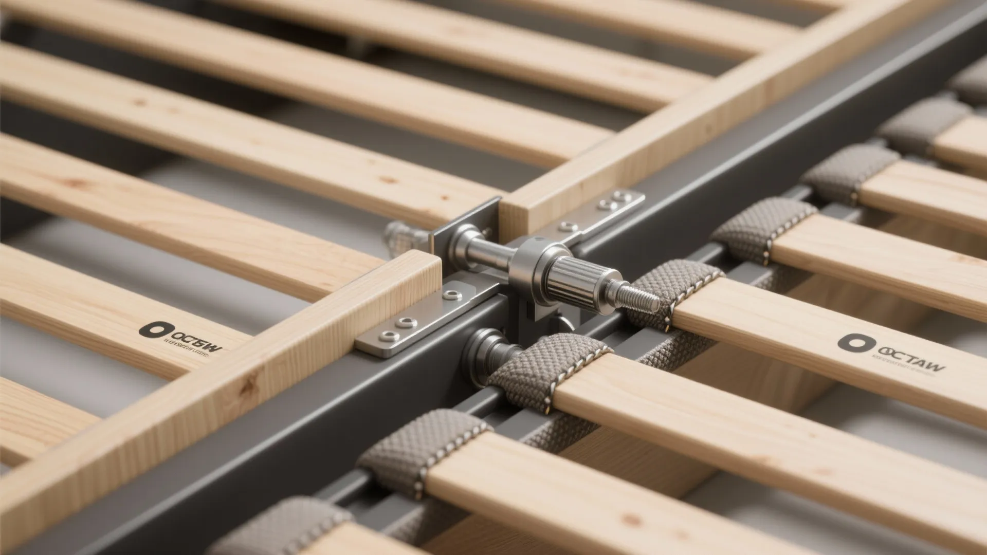 Close up of wooden bed frame slats with metal connecting joints and grey support straps design