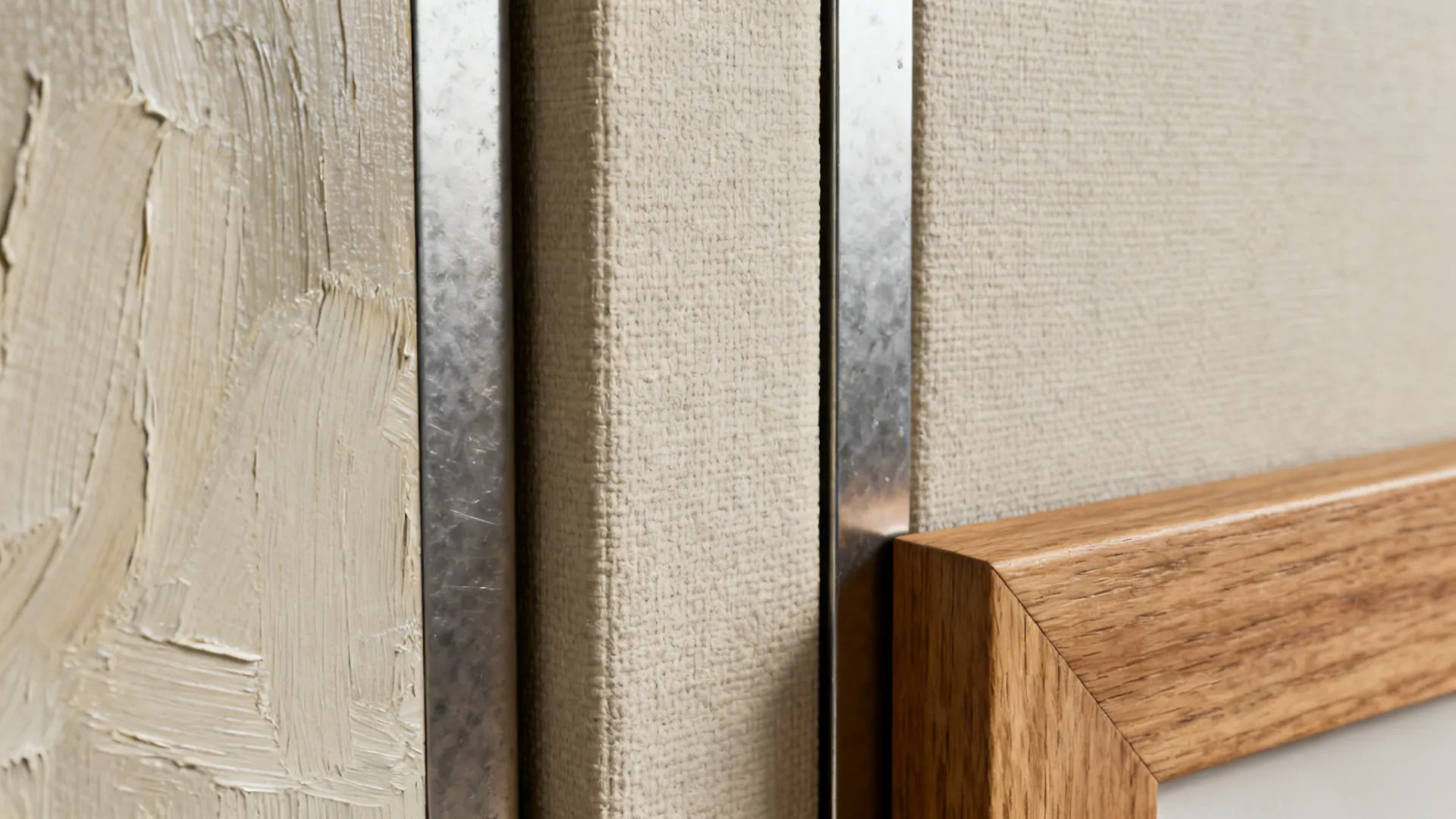 Close-up of painted canvas, metal panel edge, and wooden frame showing mixed textures across a triptych.