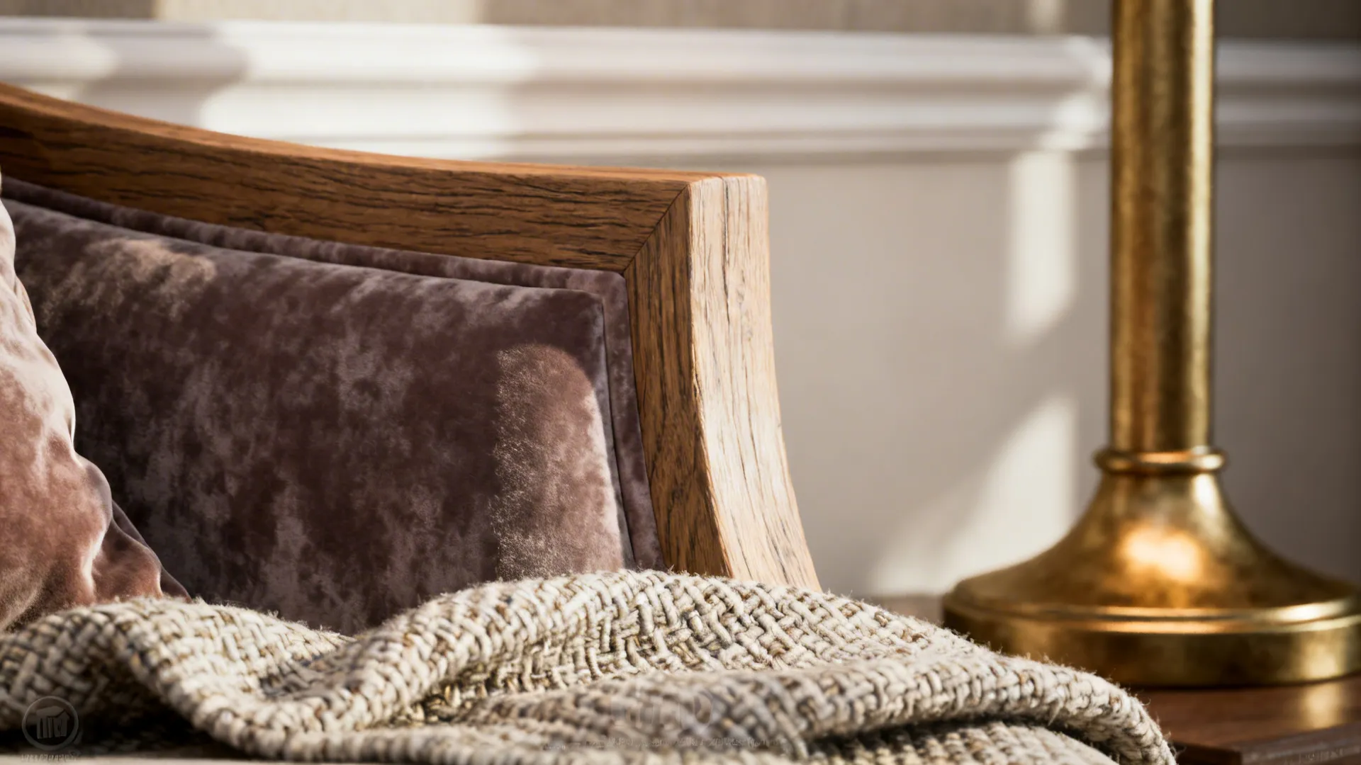Close-up of layered textiles, wood and brass details showing texture combinations