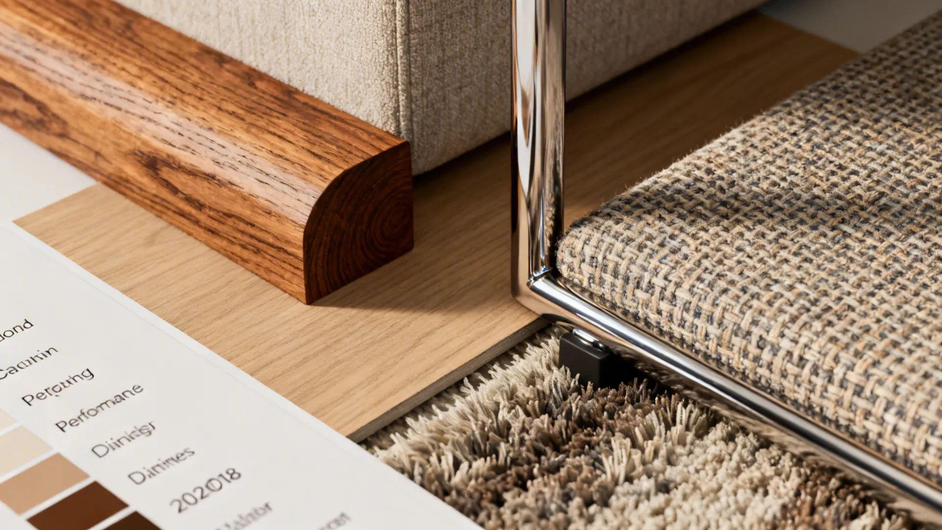 Close up view showing wood flooring carpet metal chair leg and fabric sofa material textures