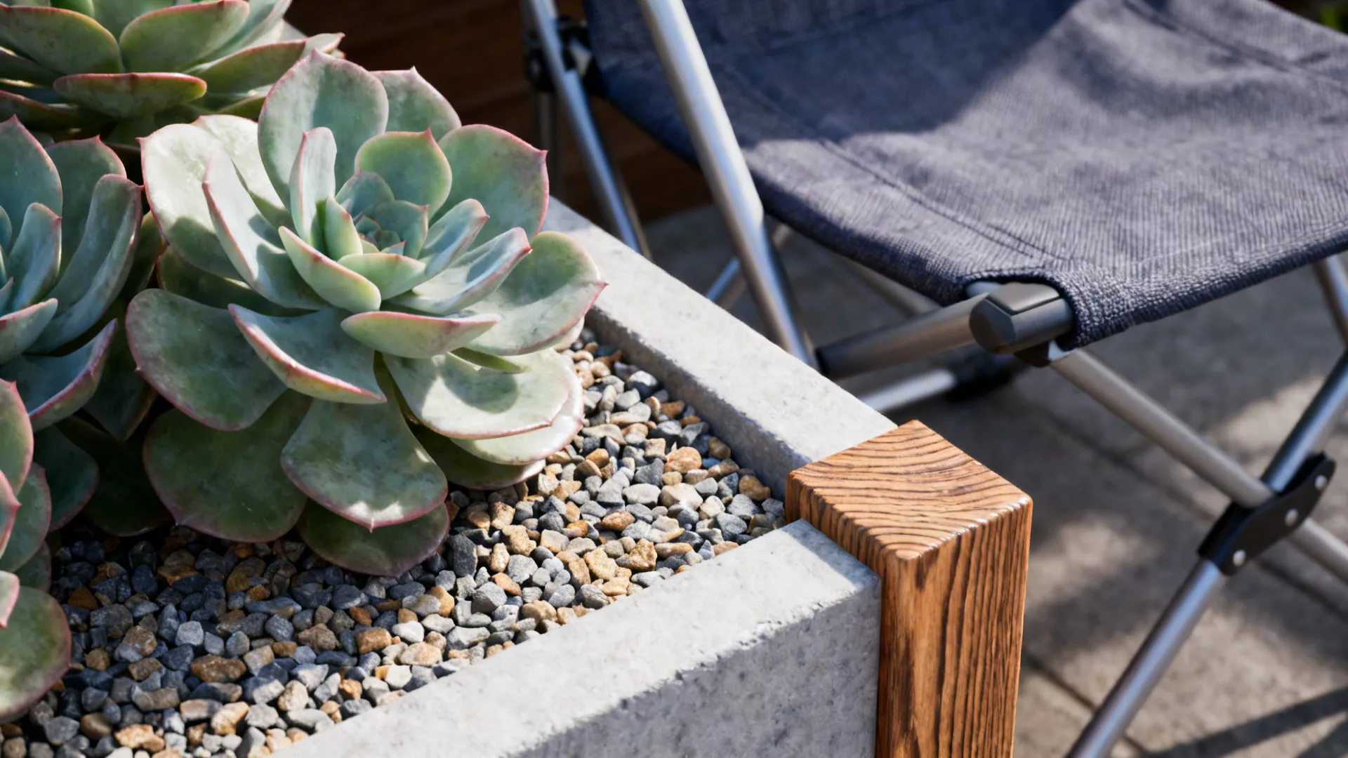 Macro details of succulents, gravel edging and weatherproof fabrics