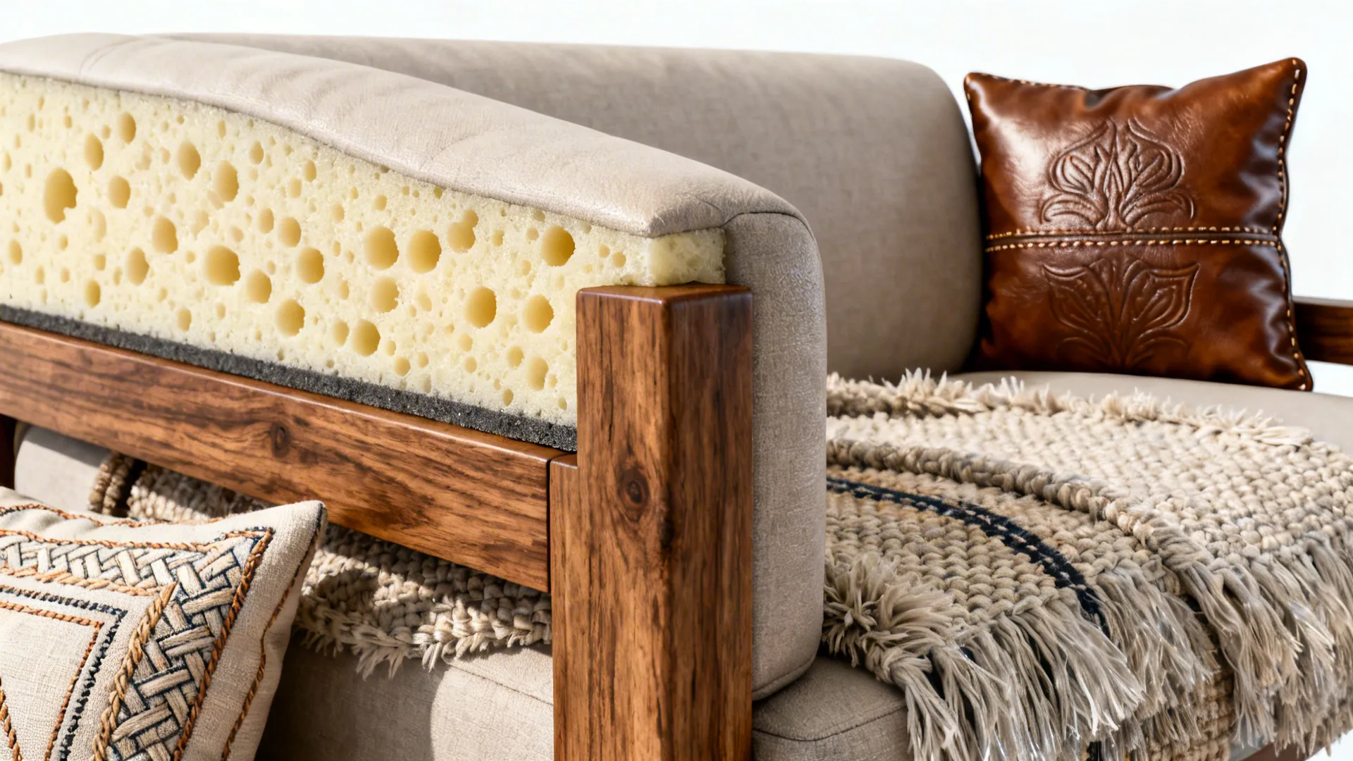 Close-up details of cushion foam, hardwood frame and upholstery fabric showing quality indicators.