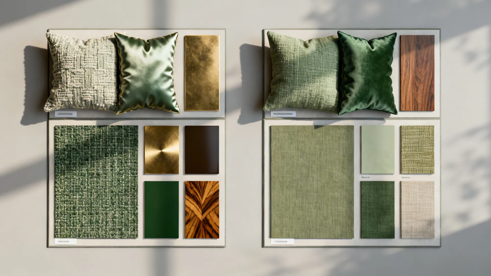 Flat-lay with luxe drawing-room materials beside performance fabrics for a high-use living room.