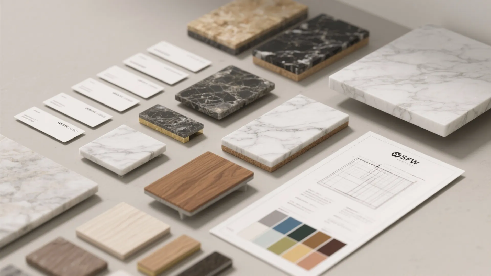 Interior design drawing with various marble wood and tile material samples arranged on a grey table
