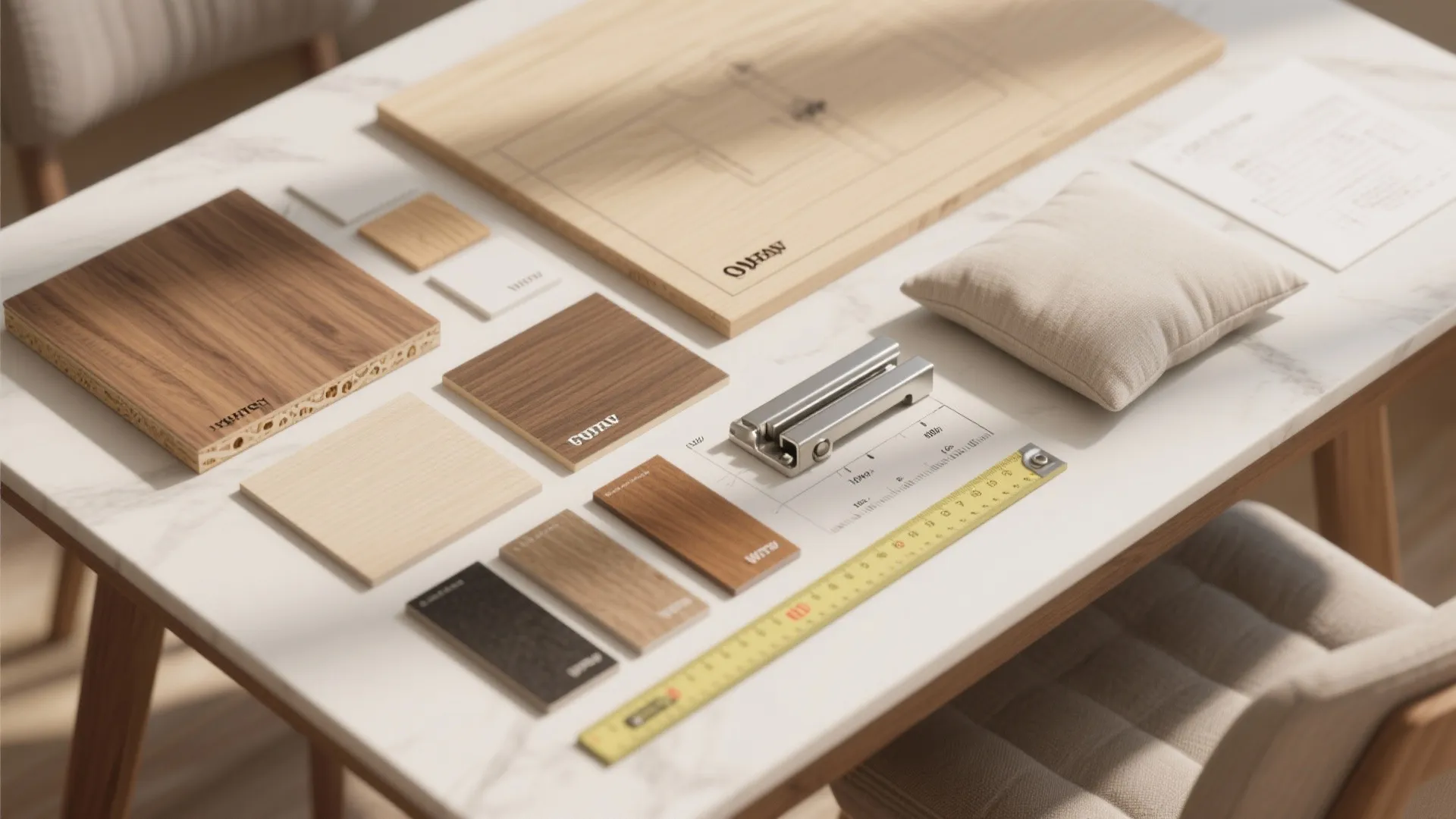 Interior design wood samples yellow measuring tape and paper drawings organized on a white table