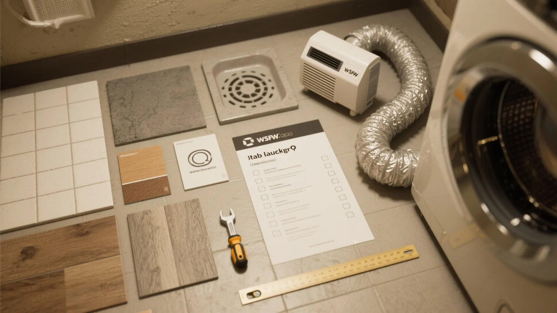 Collection of flooring materials, tiles, wood samples, tools, and checklist for a home renovation project