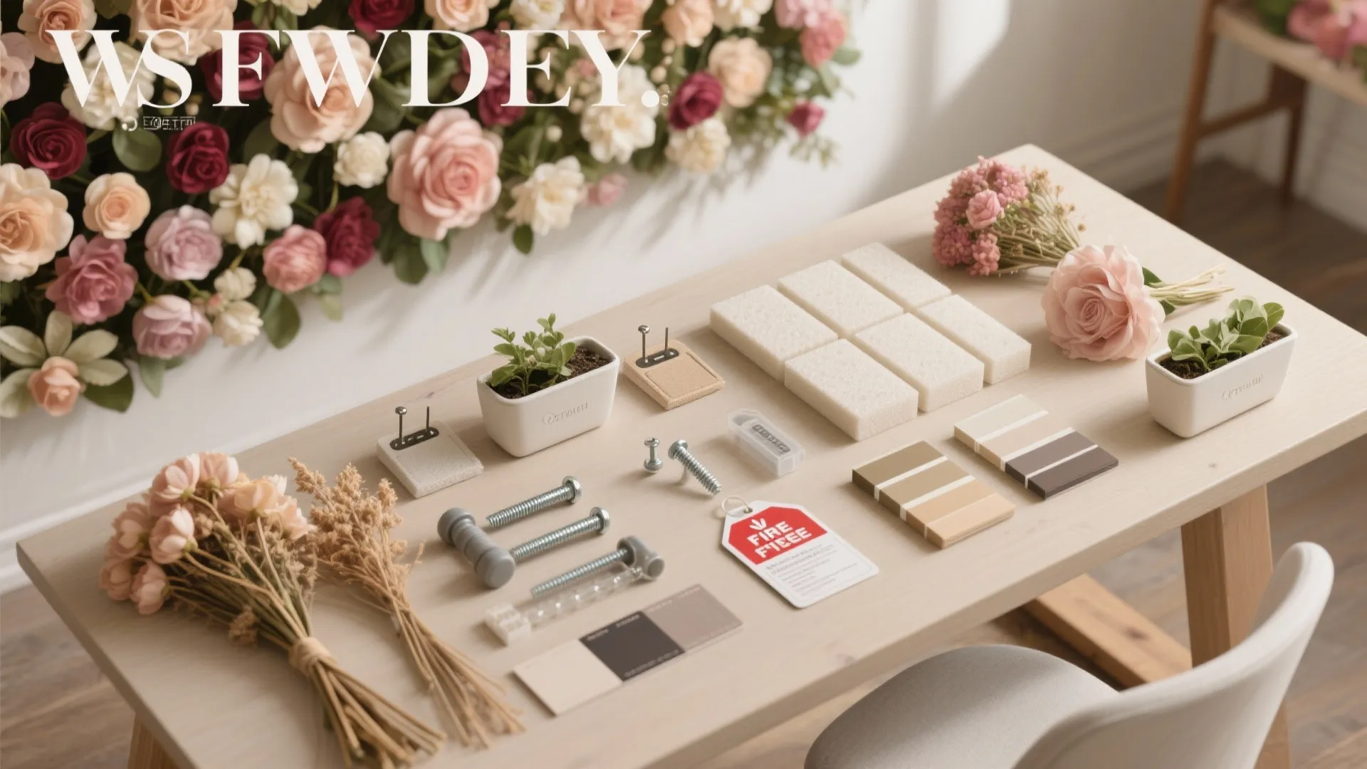 Wooden table with screws color samples small plants flowers and sponges for home decoration project