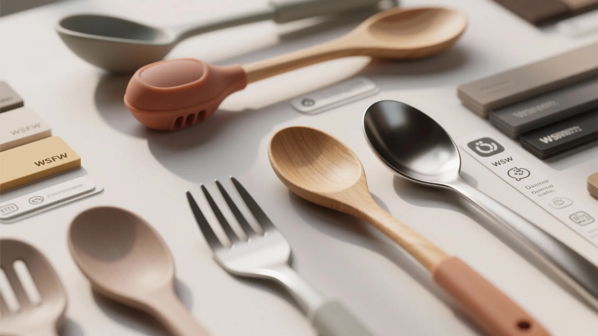 Modern kitchen utensils including wooden spoons and metal fork arranged neatly on a white tabletop