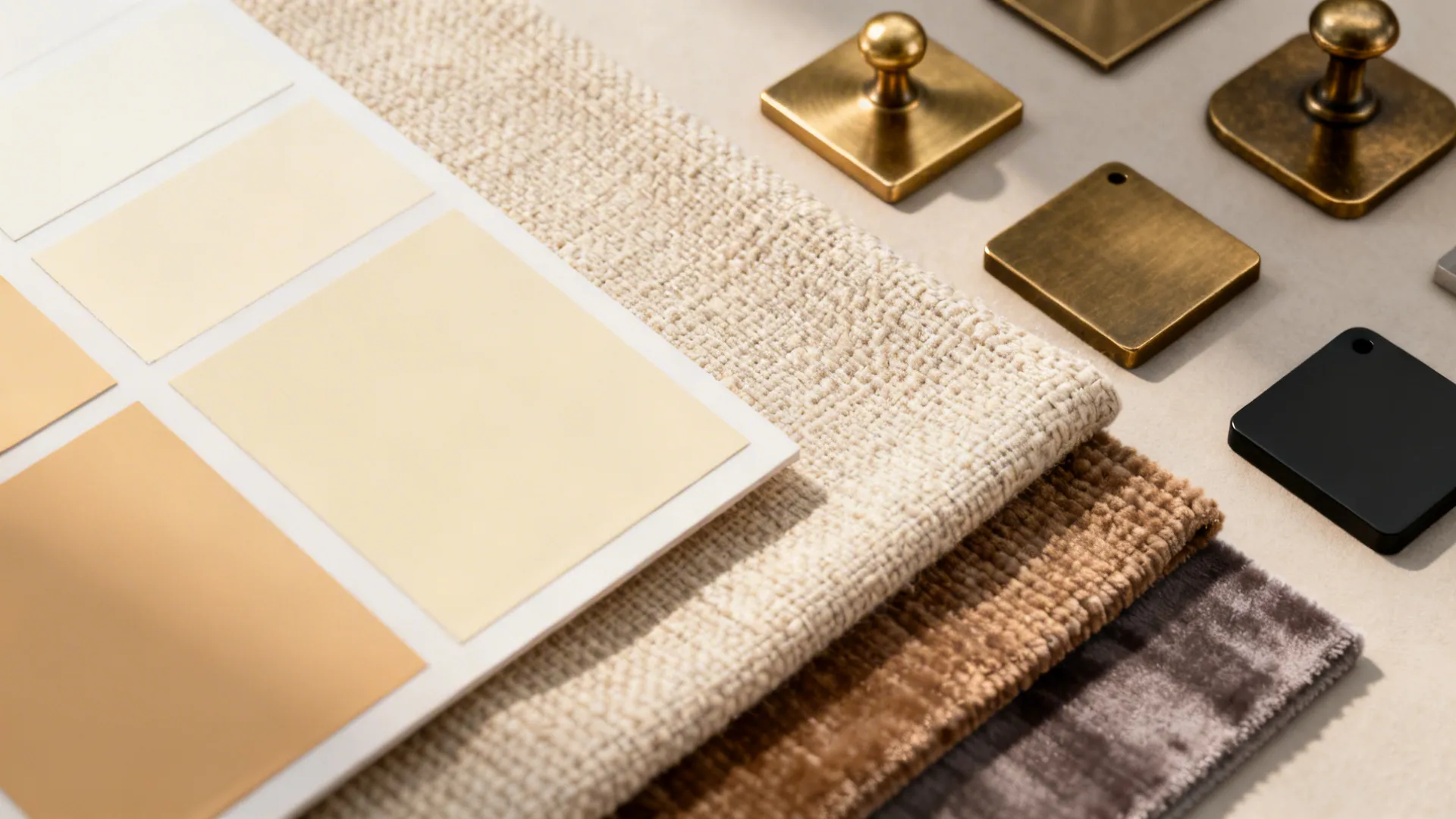 Paint and fabric swatches plus metal finish samples illustrating cream and gold choices.