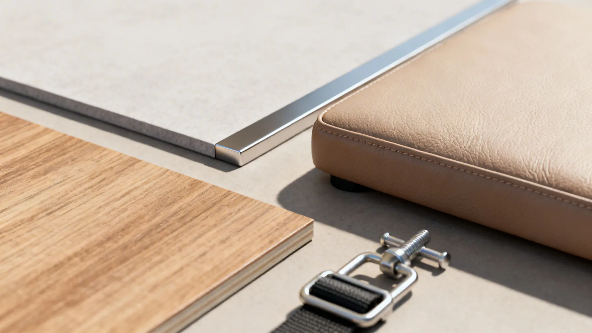Close-up of laminate, metal, faux-leather swatches and anti-tip strap hardware showing durable materials for small households.