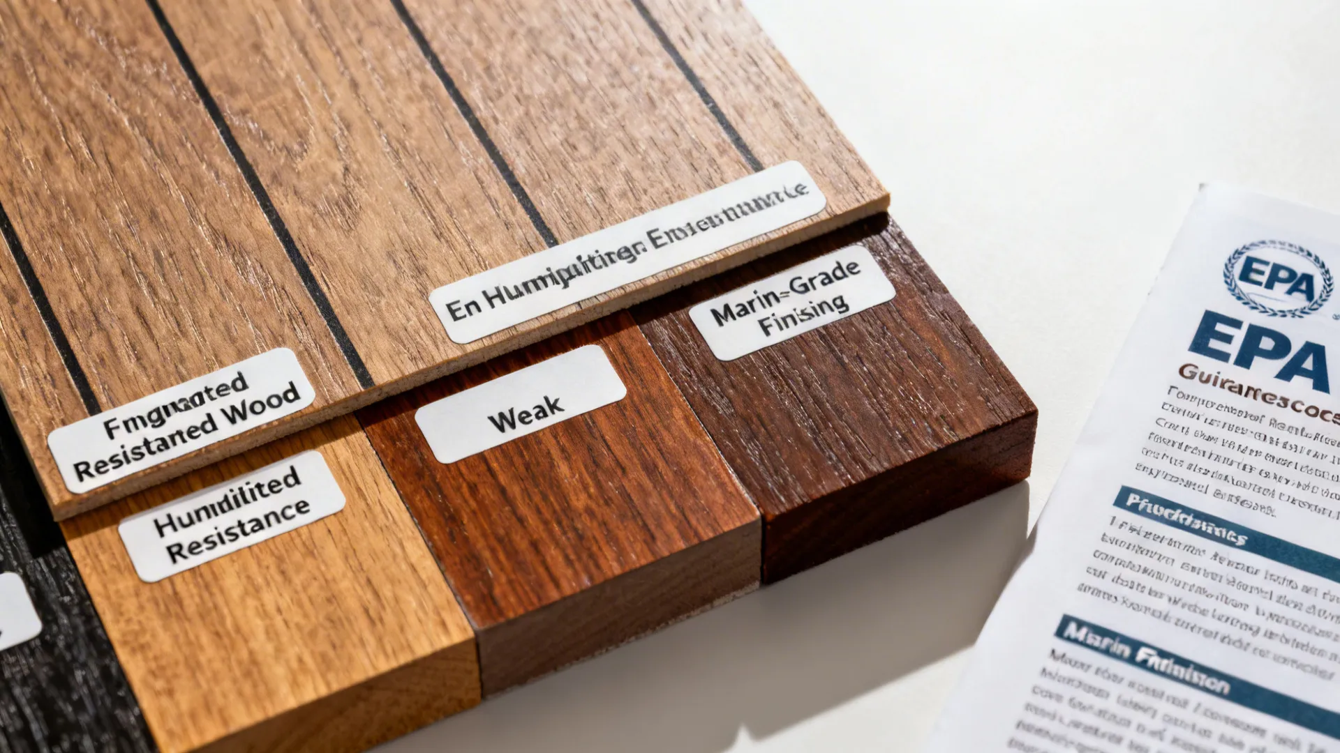 Close-up of engineered wood, teak, and marine-grade finish samples with an EPA brochure for moisture guidance.