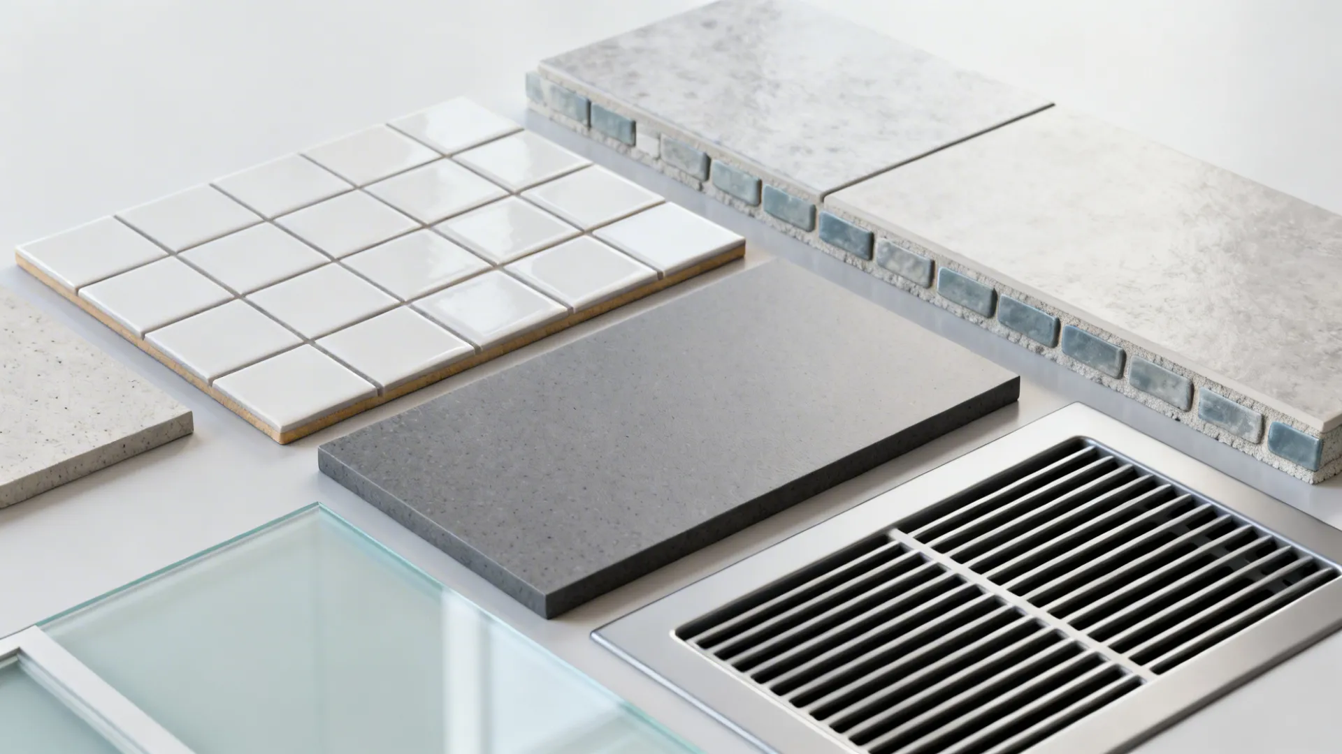 Flatlay of bathroom material samples: porcelain tile, matte solid-surface, sealed grout, exhaust vent, frosted film