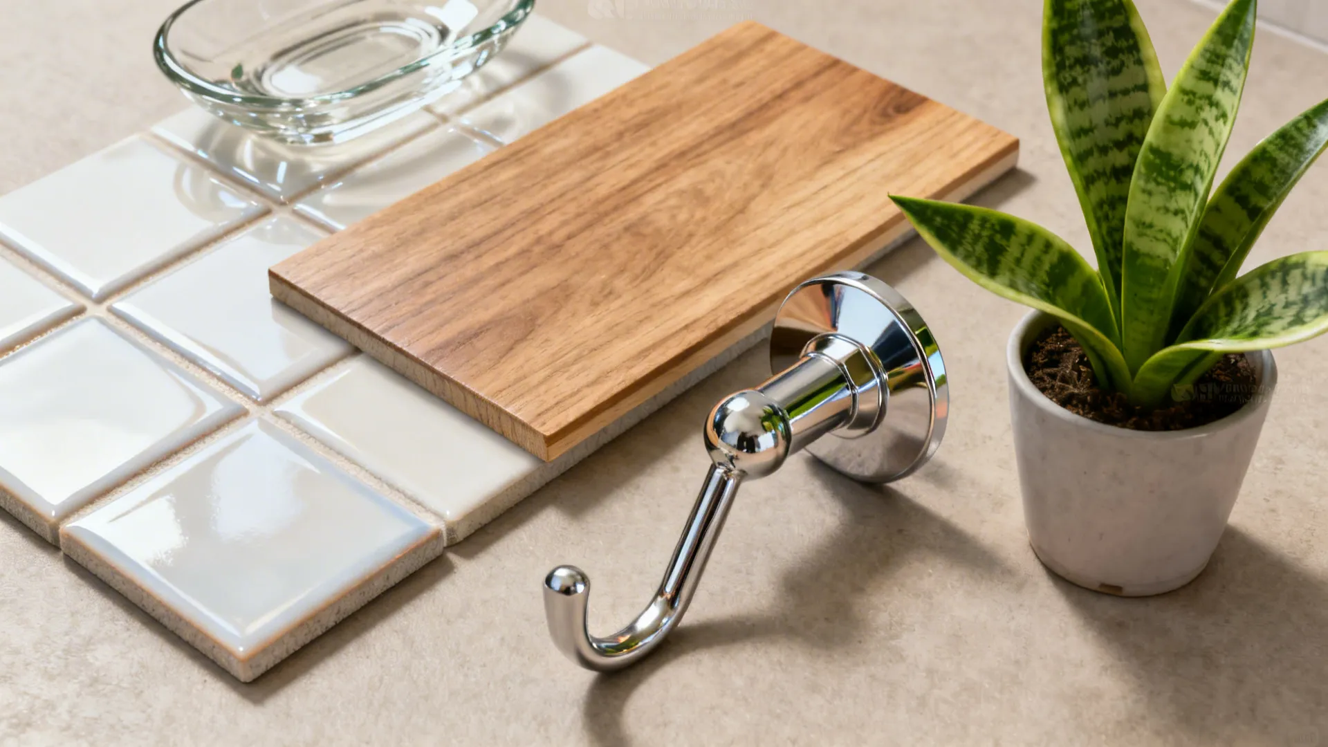 Samples of moisture-resistant materials like ceramic, sealed wood, stainless steel and glass.