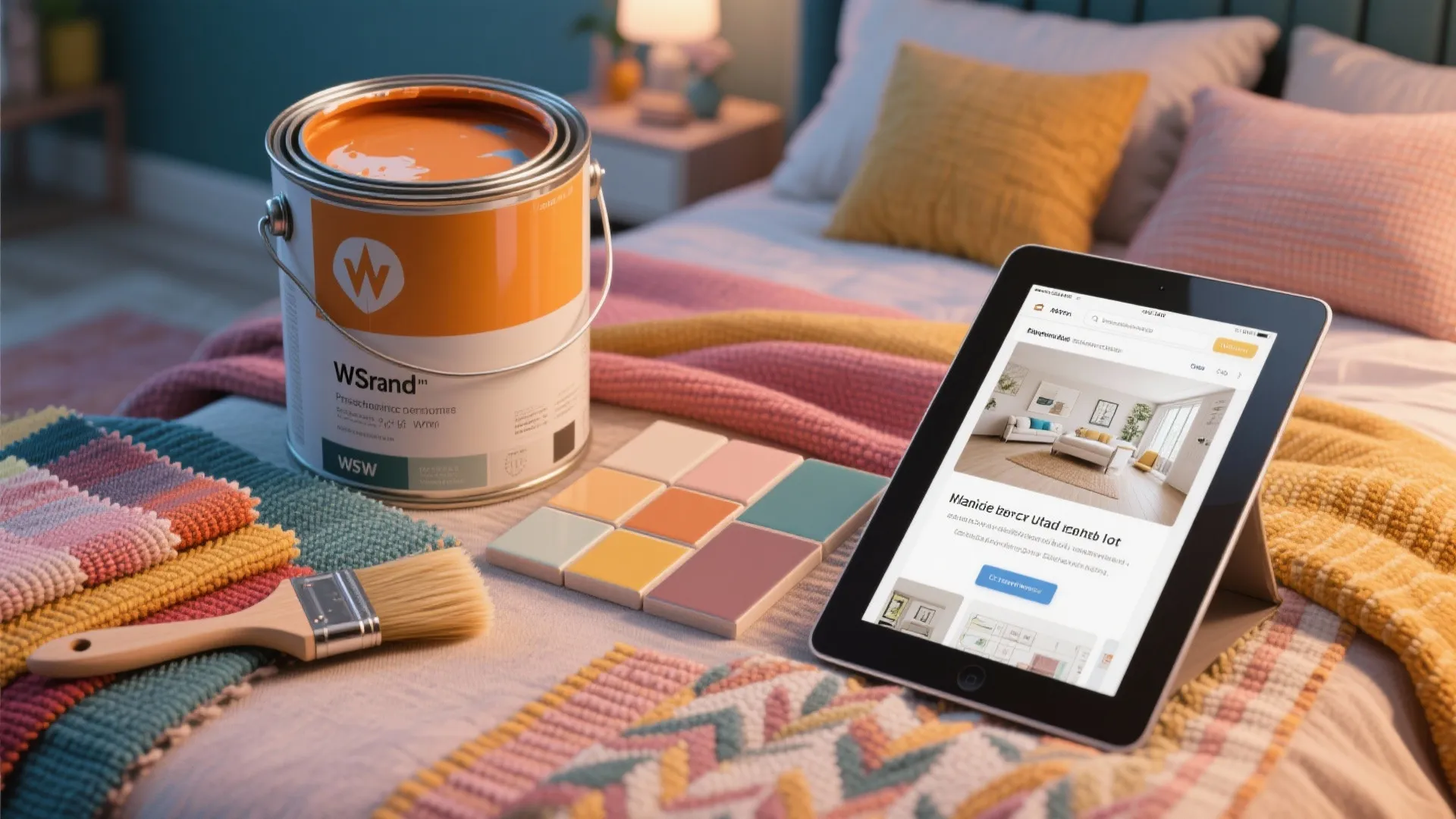 Paint bucket color samples fabric swatches brush and tablet showing interior design on a bed