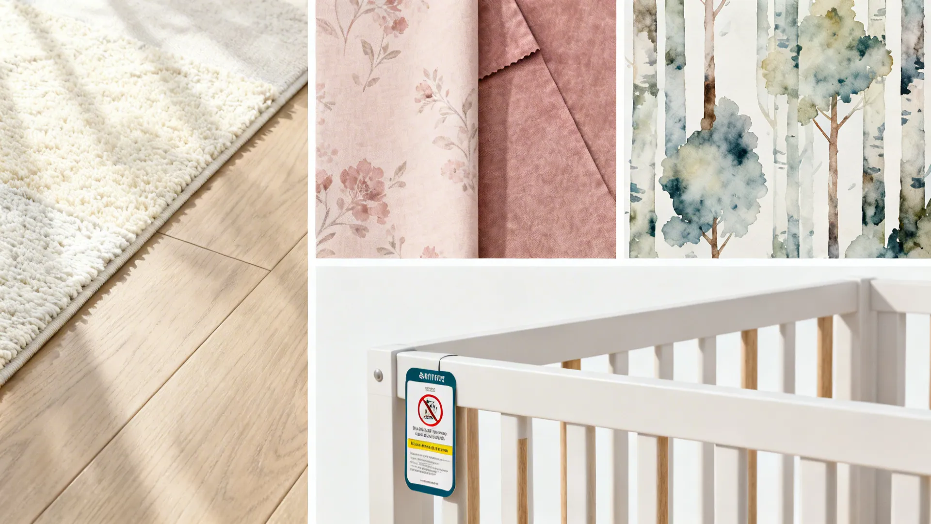 Collage of nursery material samples: vinyl planks, washable rug, fabric swatches and safety tag
