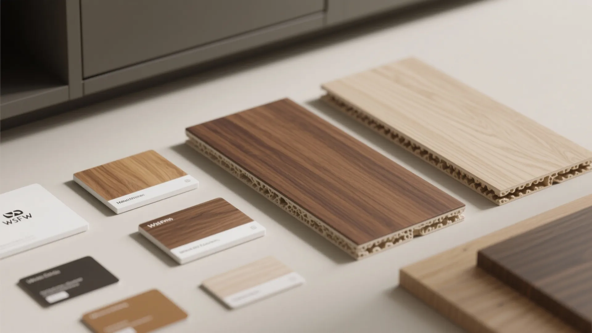 Close up of various wooden material samples including wall panel swatches and textured wood pieces
