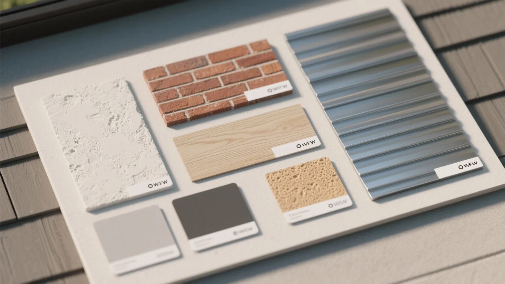 Mood board showing building materials including red brick wood panel metal sheet and various color swatches