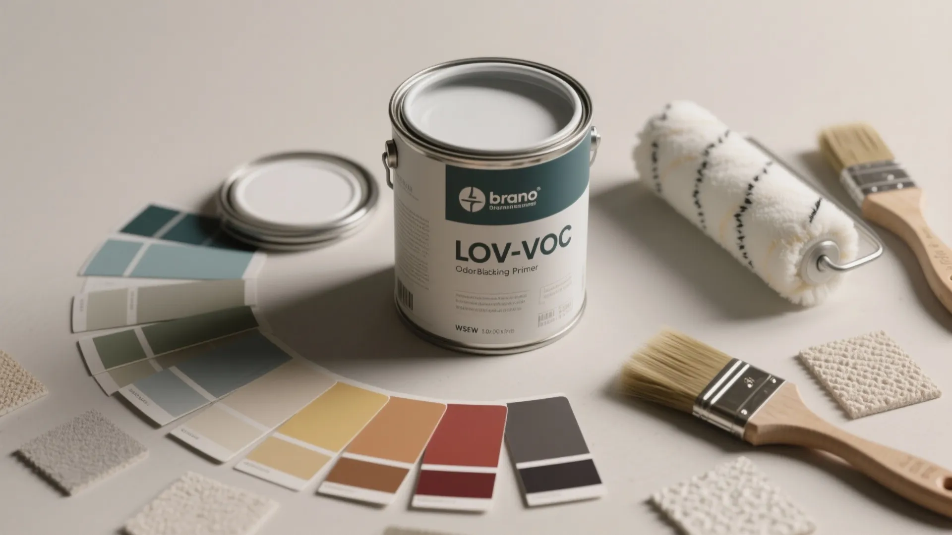 White paint bucket surrounded by colorful color swatches with paint rollers and brushes for home renovation