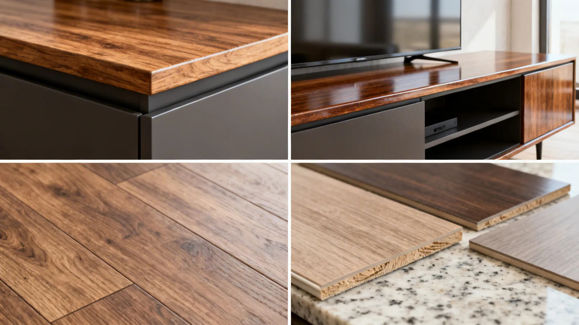 Matched timber tones with contrasting matte and glossy finishes and material swatches.