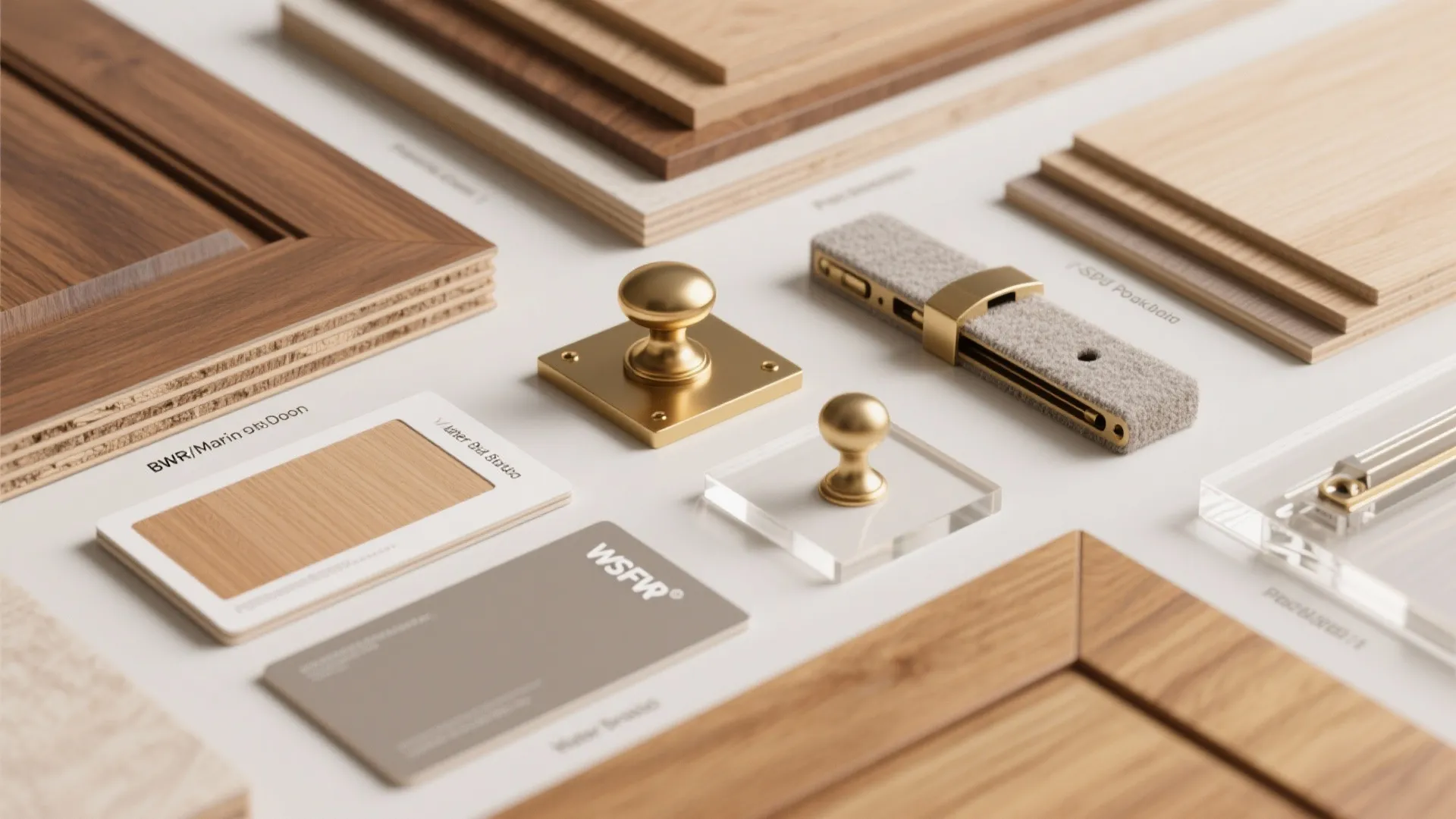 Interior design materials including wood samples brass door knobs fabric swatches and various cabinet door finishes