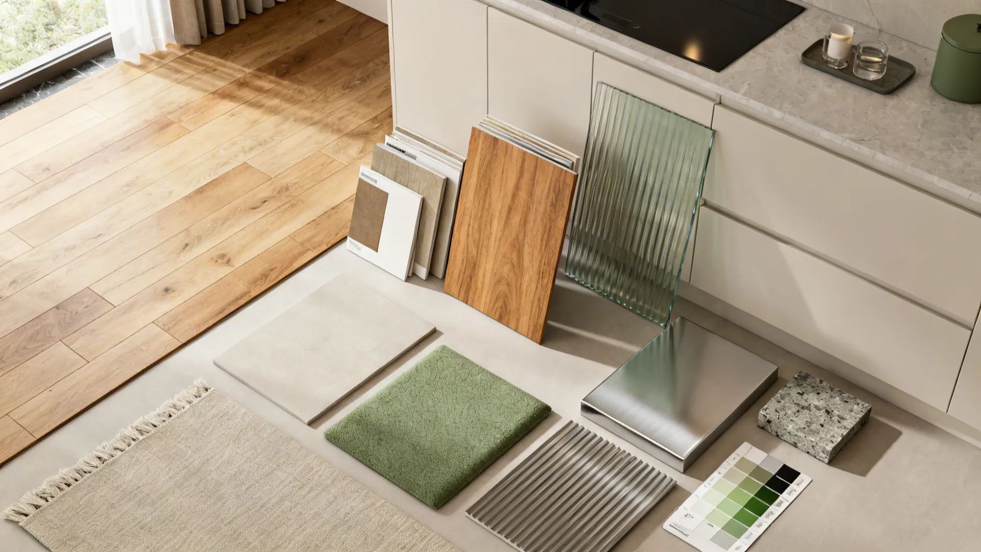 Flat lay of flooring, matte cabinetry, oak veneer, fluted glass, brushed metal, textiles, and stone samples.