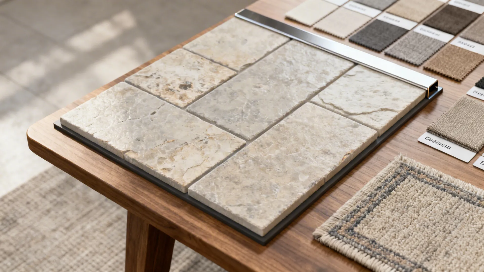 Material samples for fireplace area including stone, metal trim and upholstery swatches